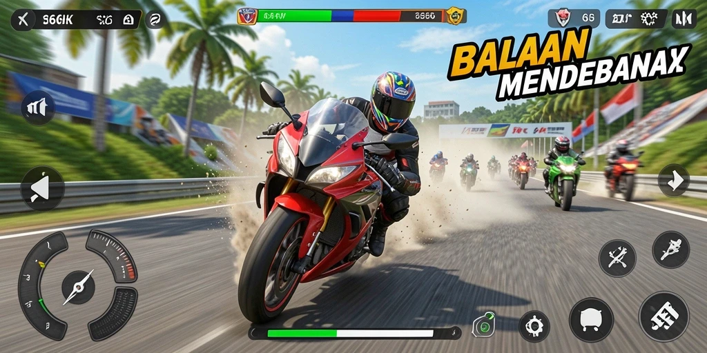 Screenshot gameplay 66K menampilkan aksi balapan motor yang seru.