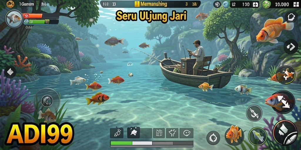Tampilan gameplay ADI99 menampilkan momen memancing yang mendebarkan.