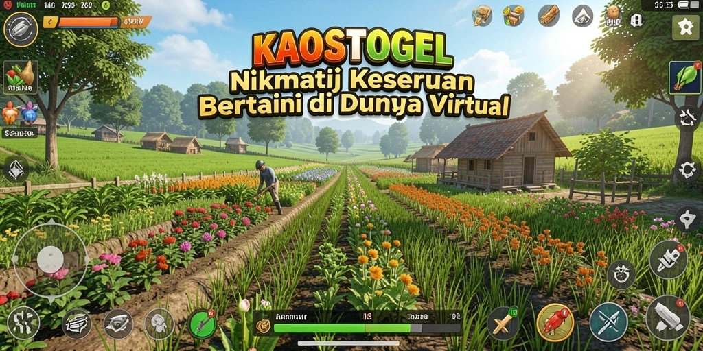 Tampilan gameplay KAOSTOGEL yang menampilkan kebun yang subur.