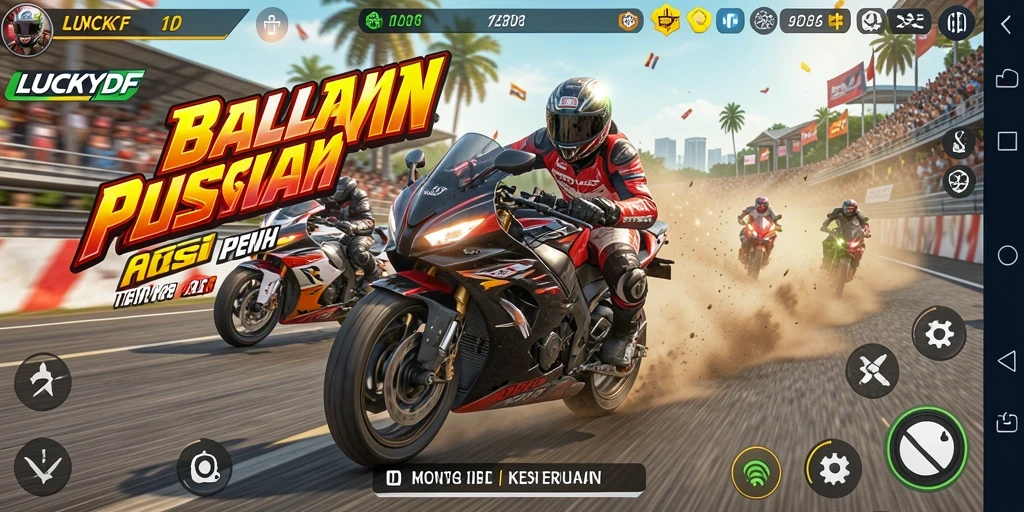 Screenshot gameplay LUCKYDF menunjukkan aksi balapan motor yang seru.