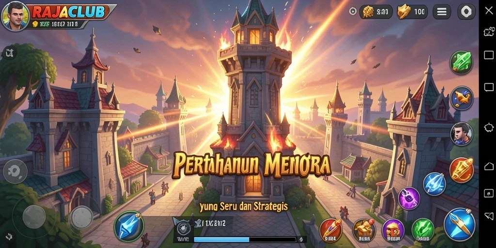 Screenshot gameplay RAJACLUB dengan aksi menara bertahan.