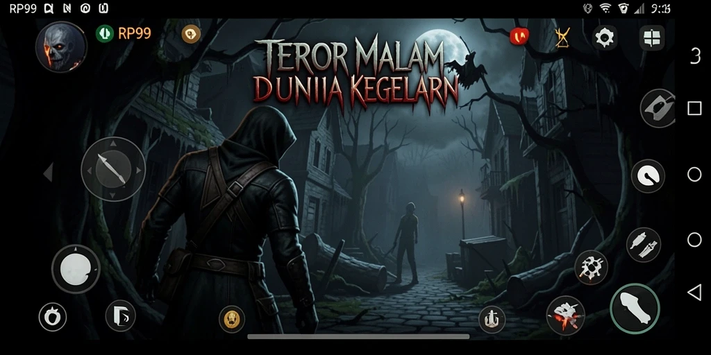Screenshot utama RP99 menunjukkan pemain berlari dari makhluk menyeramkan dalam gelap.