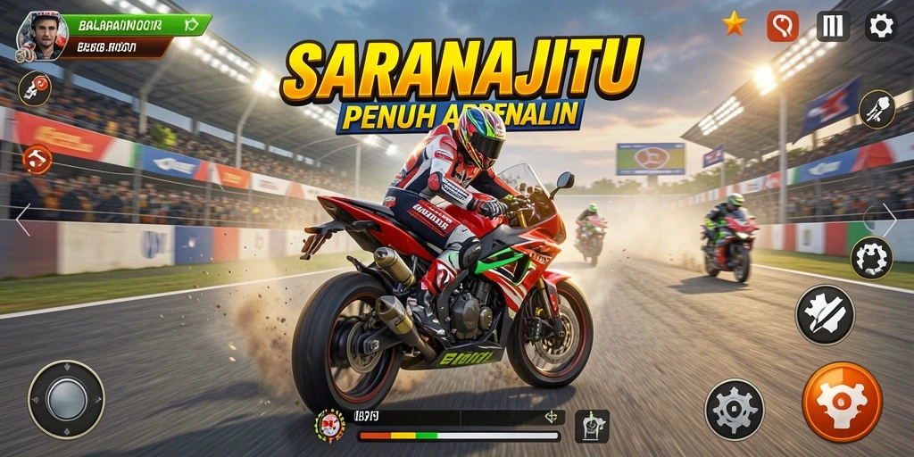 Screenshot utama SARANAJITU menampilkan aksi balapan motor yang mendebarkan.